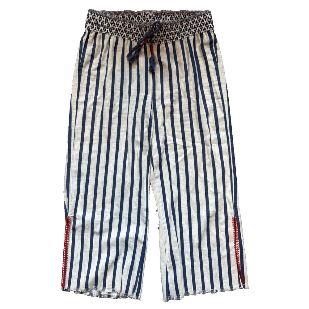 Indigo Rein Striped Pants Medium Linen Blend Smocked Waist Blue White Red